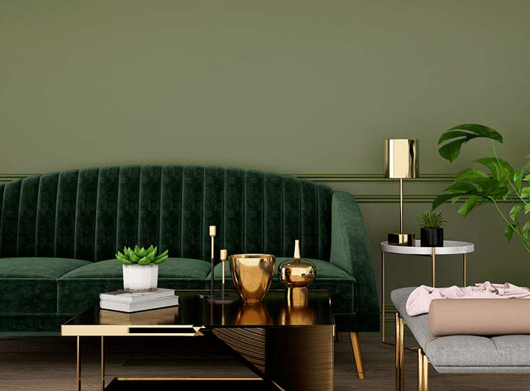 brass and green living room