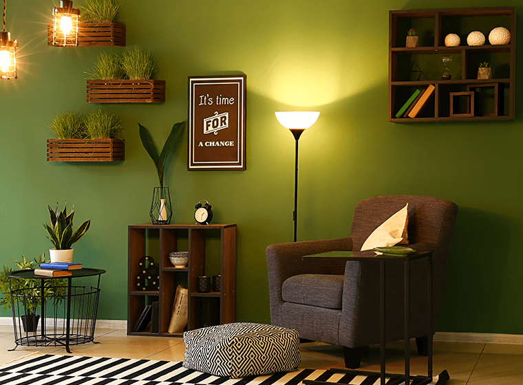 Olive Green Walls with Brown Furniture