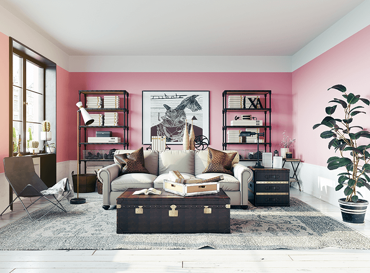 Rose Pink Tan And Blue Living Room
